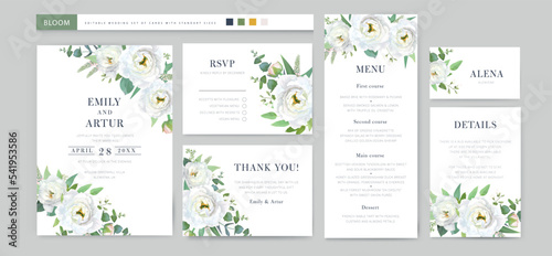 Vector floral wedding card template set. Invite, menu, rsvp, thank you, details. White eustoma flowers, jasmine, green eucalyptus branch, leaves watercolor bouquet. Elegant neutral rustic illustration