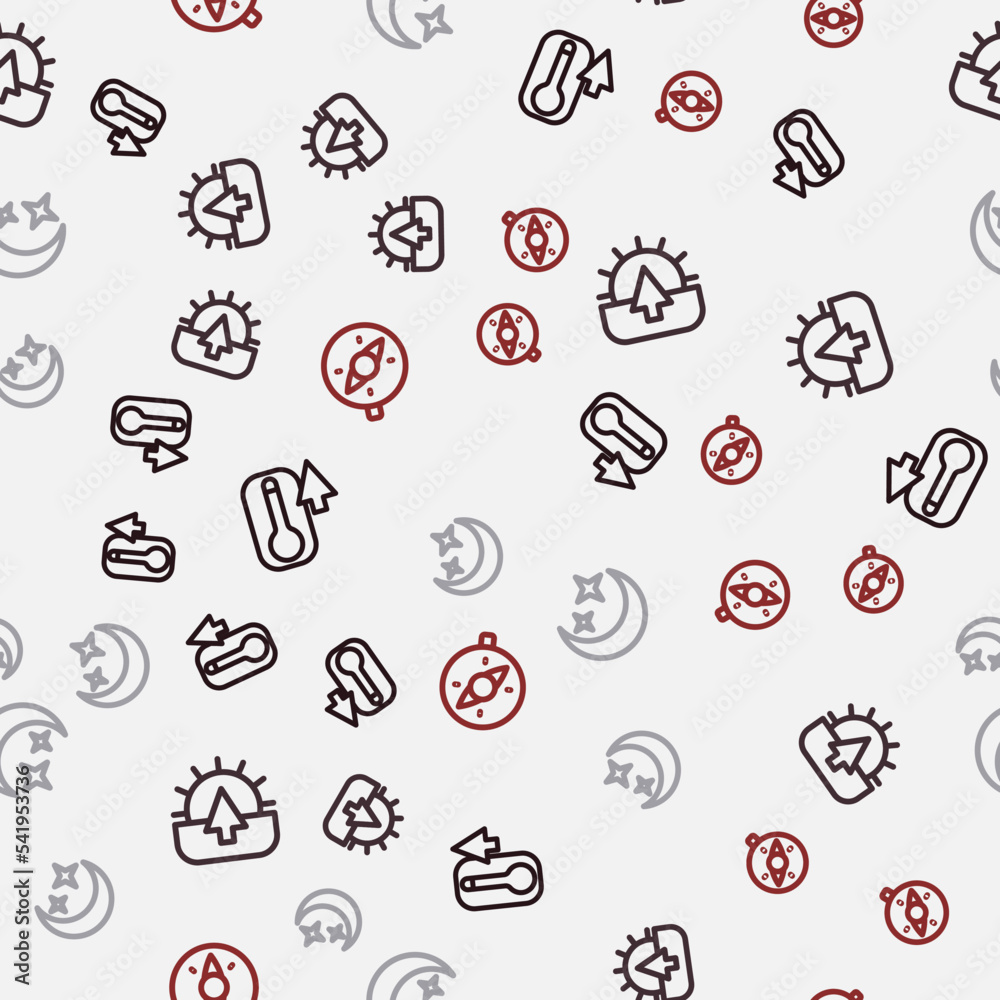 Set line Thermometer, Sunrise, Moon and stars and Compass on seamless pattern. Vector