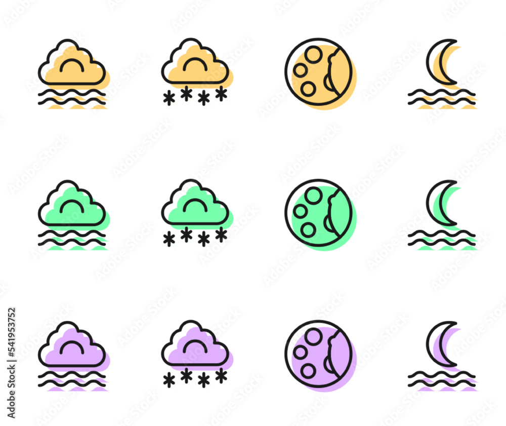 Fototapeta premium Set line Moon phases, Fog and cloud, Cloud with snow and Night fog or smoke icon. Vector