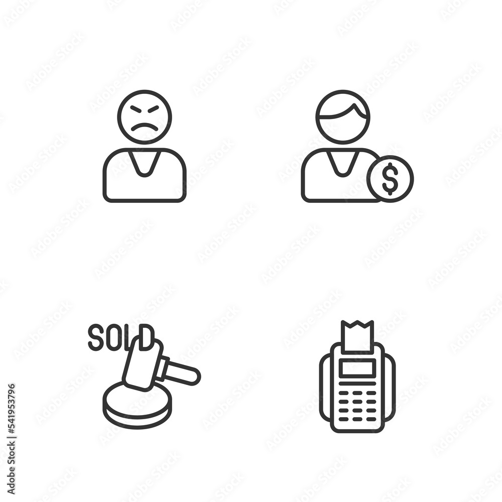 Fototapeta premium Set line POS terminal, Auction hammer, Angry customer and Buyer icon. Vector