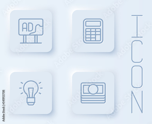 Set line Advertising, Calculator, Light bulb and Stacks paper money cash. White square button. Vector