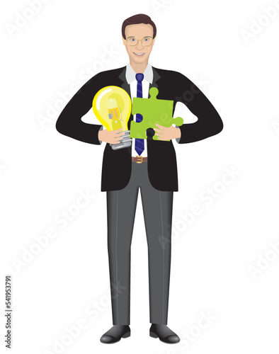 Smiling man with idea and solution. Holding jigsaw puzzle piece and lightbulb. Isolated on white. Vector illustration.