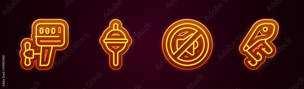Set line Outboard boat motor, Fishing float, Speaker mute and lure. Glowing neon icon. Vector Set line Outboard boat motor, Fishing float, Speaker mute and lure. Glowing neon icon. Vector