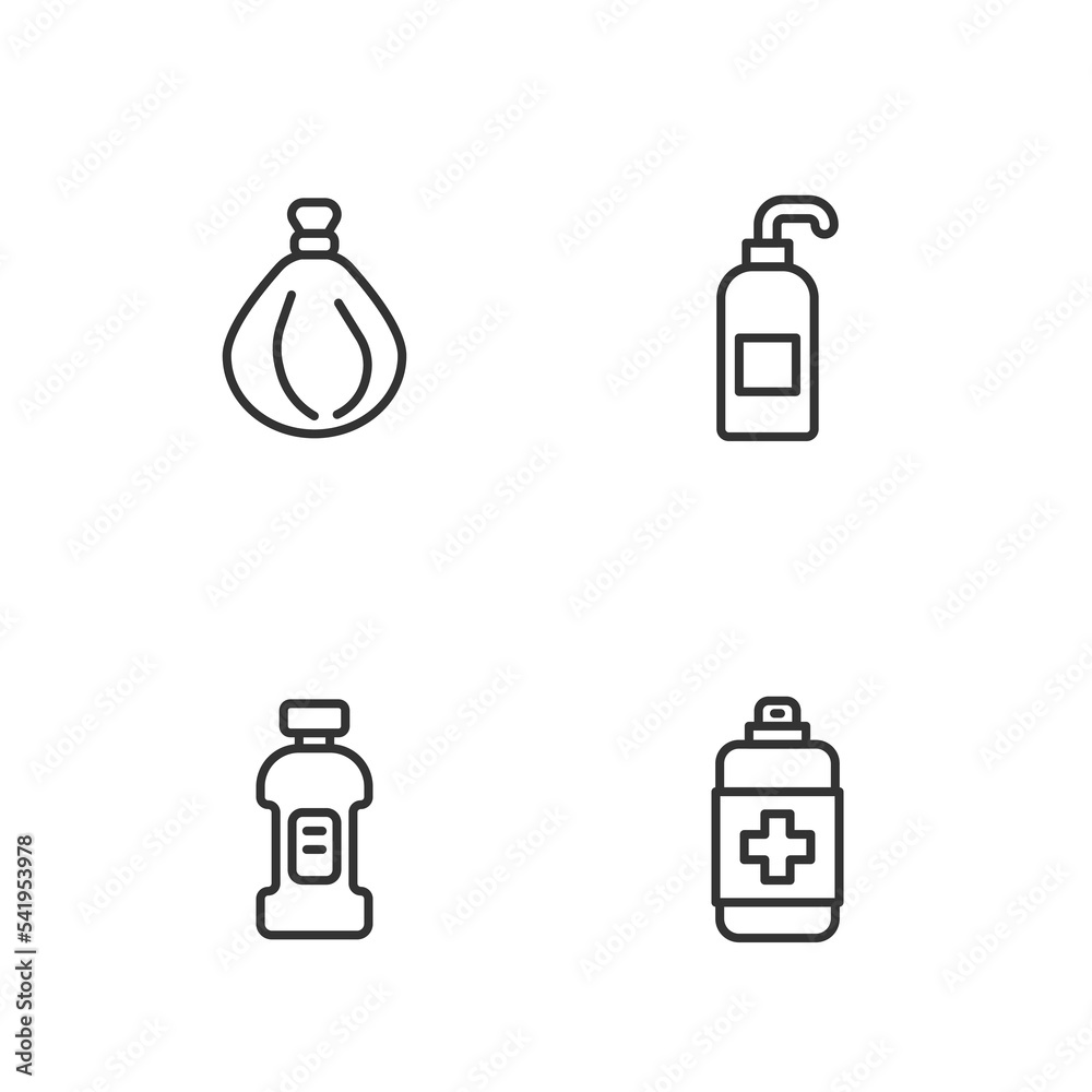Set line Antibacterial soap, Bottle for detergent, Garbage bag and icon. Vector Set line Antibacterial soap, Bottle for detergent, Garbage bag and icon. Vector