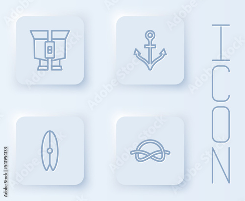 Set line Binoculars, Anchor, Surfboard and Nautical rope knots. White square button. Vector photo