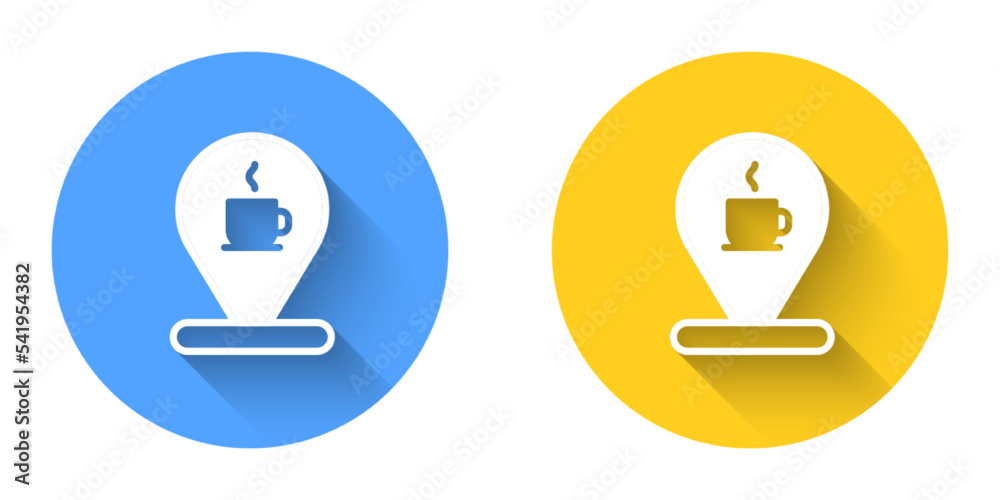 White Location with coffee cup icon isolated with long shadow background. Circle button. Vector White Location with coffee cup icon isolated with long shadow background. Circle button. Vector