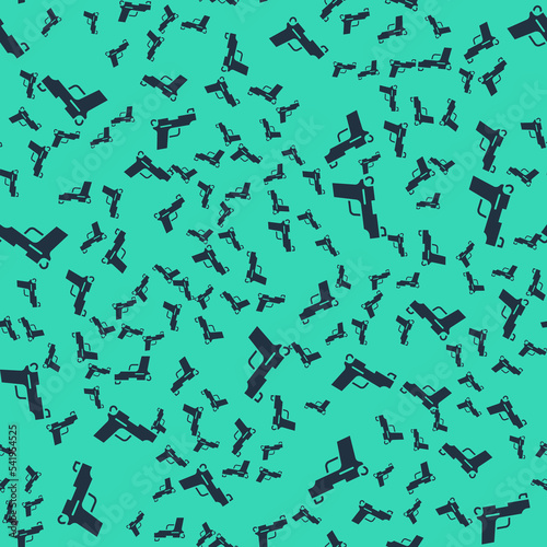 Black Pistol or gun icon isolated seamless pattern on green background. Police or military handgun. Small firearm. Vector