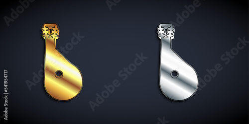 Gold and silver Ukrainian traditional musical instrument bandura icon isolated on black background. Long shadow style. Vector