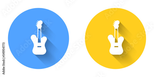 White Electric bass guitar icon isolated with long shadow background. Circle button. Vector