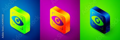 Isometric Big brother electronic eye icon isolated on blue, purple and green background. Global surveillance technology, computer systems and networks security. Square button. Vector