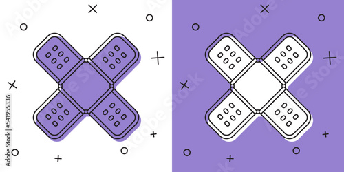 Set Crossed bandage plaster icon isolated on white and purple background. Medical plaster, adhesive bandage, flexible fabric bandage. Vector