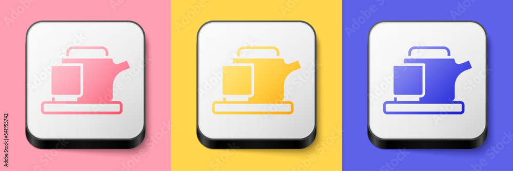 Isometric Traditional tea ceremony icon isolated on pink, yellow and blue background. Teapot with cup. Square button. Vector Isometric Traditional tea ceremony icon isolated on pink, yellow and blue background. Teapot with cup. Square button. Vector