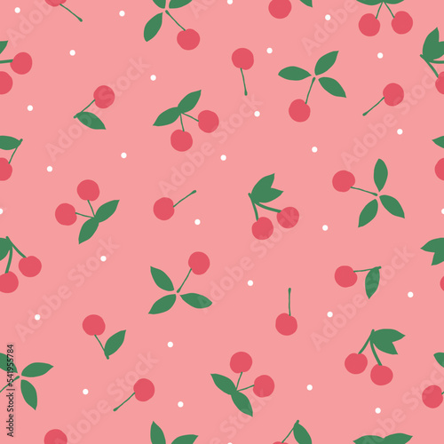 Simple berry pattern. small red cherry and white dots.  pink background. Fashionable print for kids textiles, wallpaper and packaging.