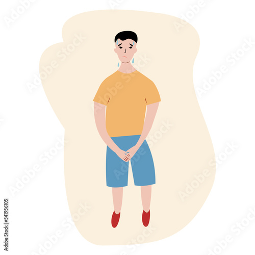 Urinary incontinence problem. Asian boy hands holding his crotch, male gender want to pee all the time. Vector illustration.