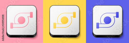 Isometric Automotive turbocharger icon isolated on pink, yellow and blue background. Vehicle performance turbo. Turbo compressor induction. Square button. Vector