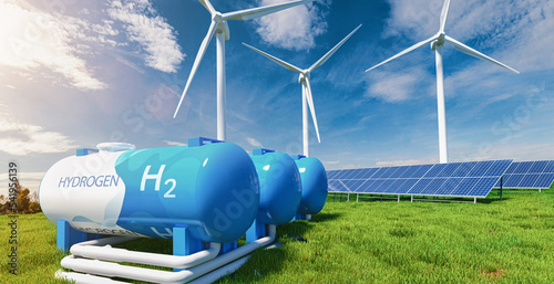 Green Hydrogen renewable energy production pipeline - green hydrogen gas for clean electricity solar and windturbine facility photo