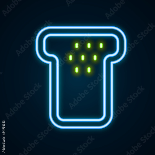 Glowing neon line Bread toast for sandwich piece of roasted crouton icon isolated on black background. Lunch, dinner, breakfast snack. Colorful outline concept. Vector