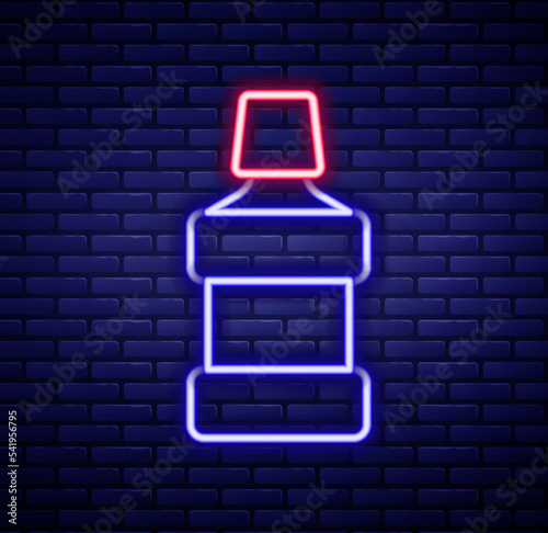 Glowing neon line Mouthwash plastic bottle icon isolated on brick wall background. Liquid for rinsing mouth. Oralcare equipment. Colorful outline concept. Vector