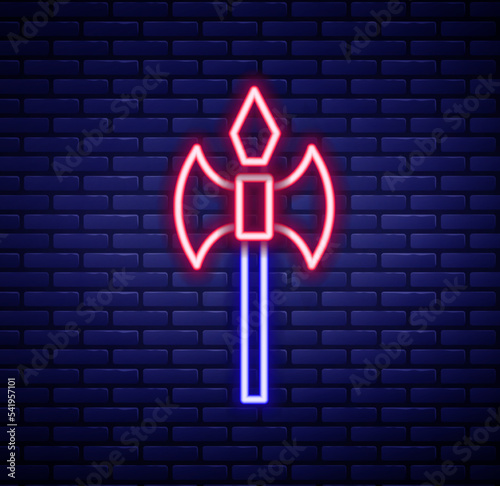 Glowing neon line Medieval axe icon isolated on brick wall background. Battle axe, executioner axe. Medieval weapon. Colorful outline concept. Vector