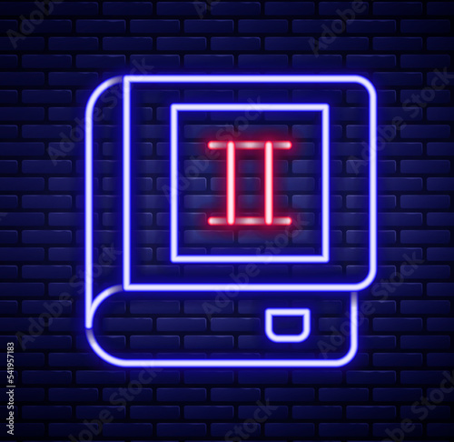 Glowing neon line Book icon isolated on brick wall background. Second volume. Colorful outline concept. Vector