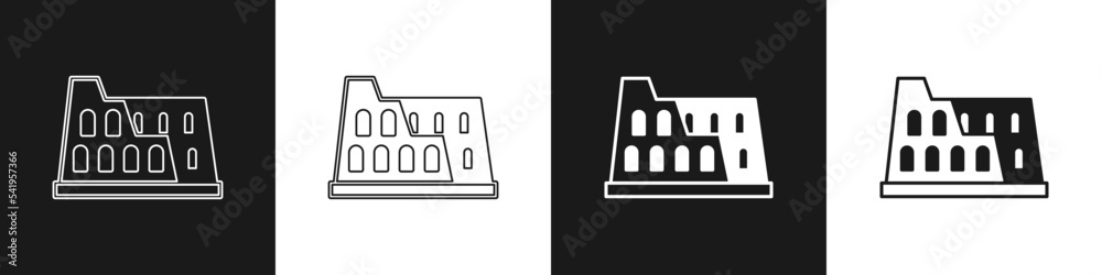 Set Coliseum in Rome, Italy icon isolated on black and white background. Colosseum sign. Symbol of Ancient Rome, gladiator fights. Vector