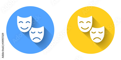 White Comedy and tragedy theatrical masks icon isolated with long shadow background. Circle button. Vector