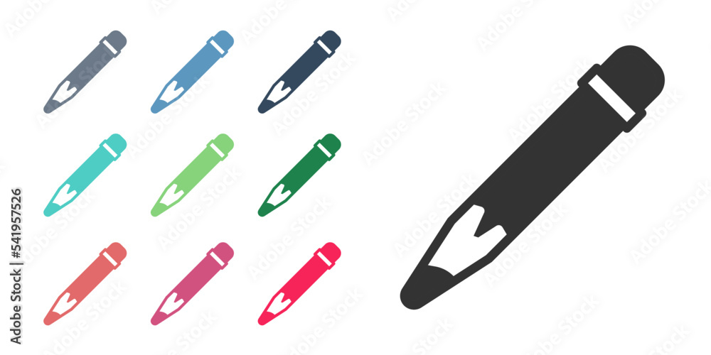 Black Pencil with eraser icon isolated on white background. Drawing and educational tools. School office symbol. Set icons colorful. Vector