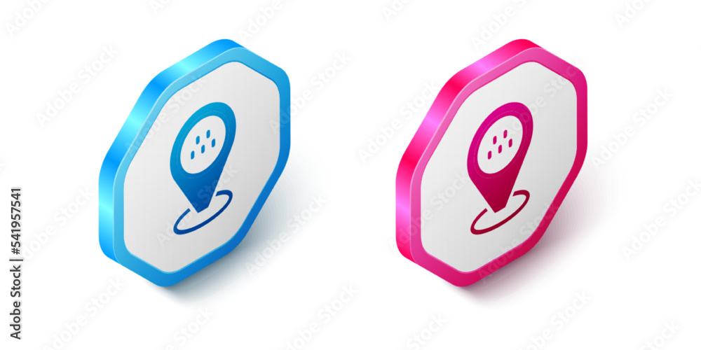 Isometric Map pointer with taxi car icon isolated on white background. Location symbol. Hexagon button. Vector