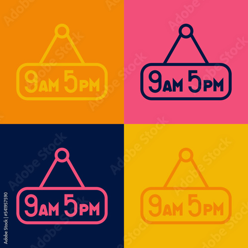 Pop art line From 9 to 5 job icon isolated on color background. Concept meaning work time schedule daily routine classic traditional employment. Vector