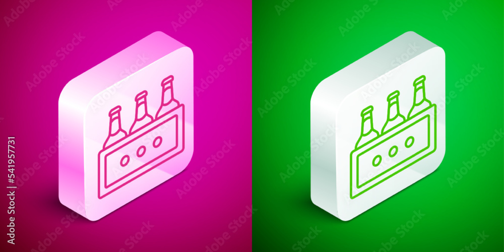 Isometric line Pack of beer bottles icon isolated on pink and green background. Wooden box and beer bottles. Case crate beer box sign. Silver square button. Vector Isometric line Pack of beer bottles icon isolated on pink and green background. Wooden box and beer bottles. Case crate beer box sign. Silver square button. Vector
