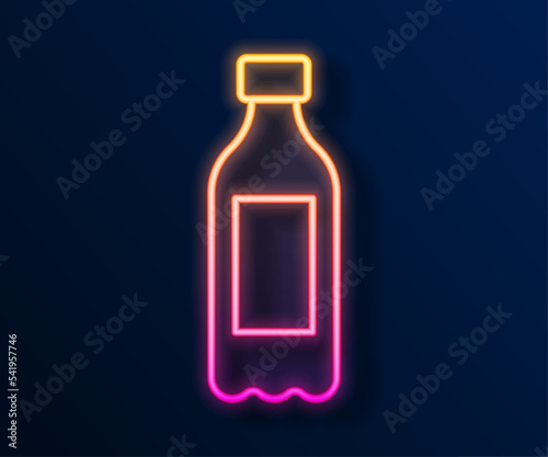 Glowing neon line Bottle of water icon isolated on black background. Soda aqua drink sign. Vector