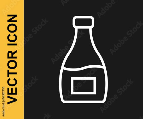 White line Sauce bottle icon isolated on black background. Ketchup, mustard and mayonnaise bottles with sauce for fast food. Vector