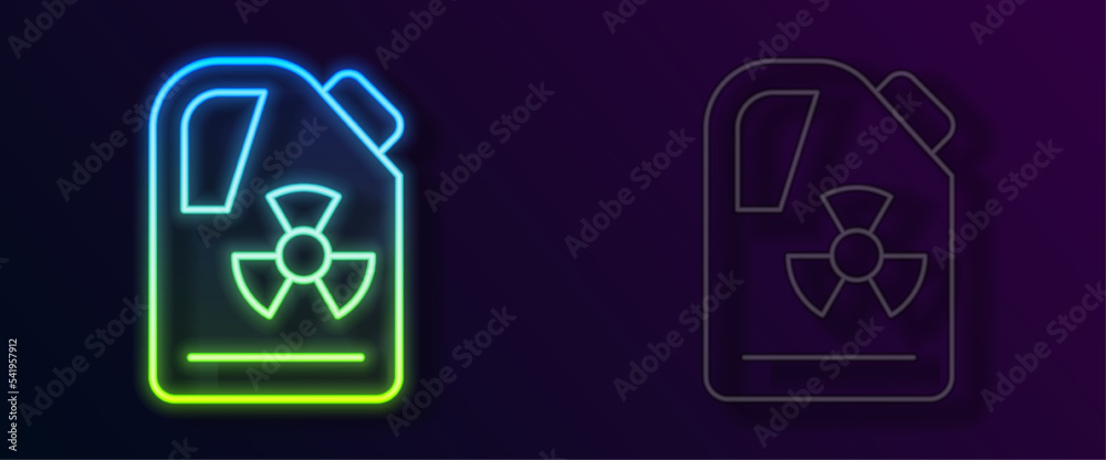 Glowing neon line Radioactive waste in barrel icon isolated on black background. Toxic refuse keg. Radioactive garbage emissions, environmental pollution. Vector Glowing neon line Radioactive waste in barrel icon isolated on black background. Toxic refuse keg. Radioactive garbage emissions, environmental pollution. Vector