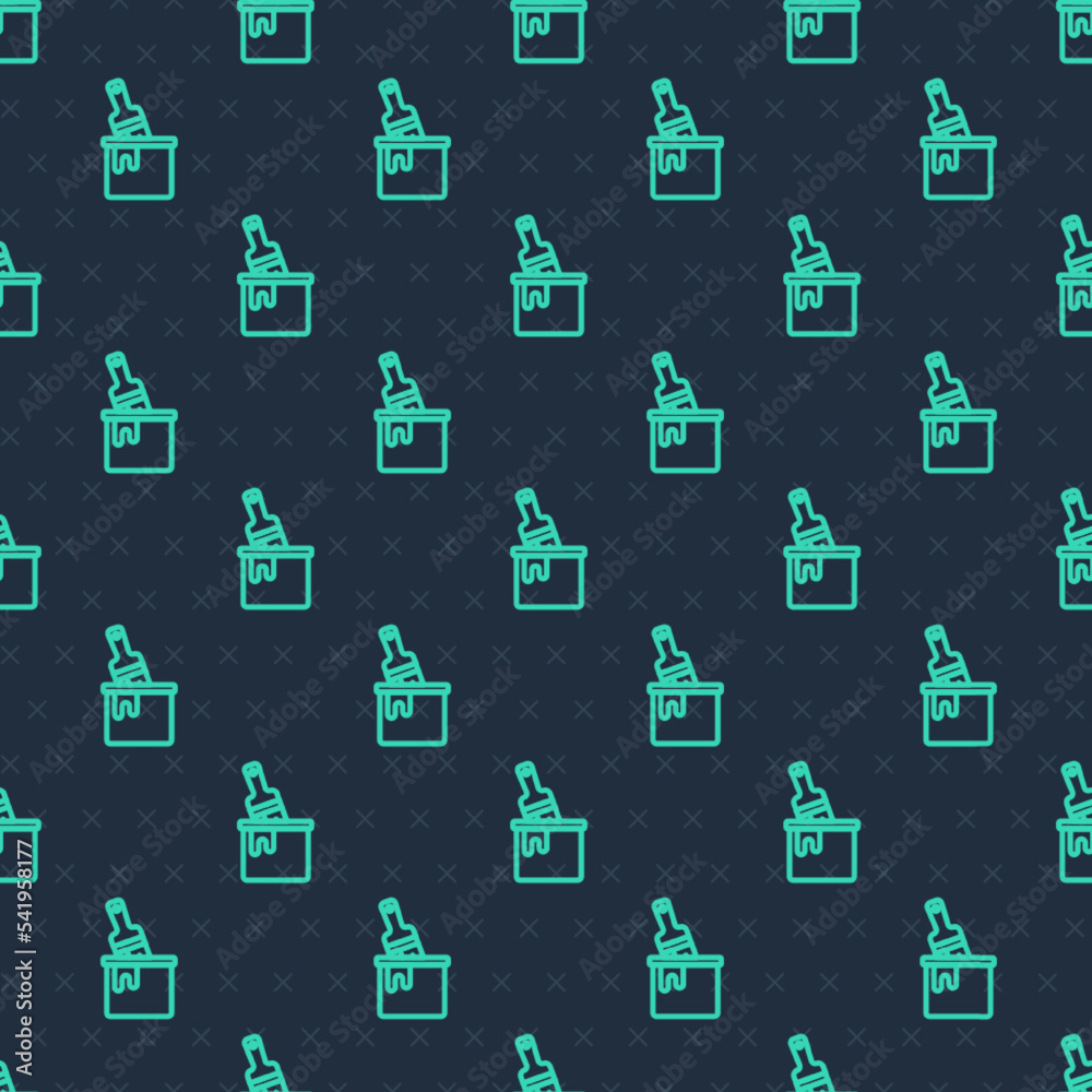 Green line Paint bucket with brush icon isolated seamless pattern on blue background. Vector