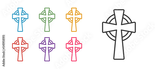 Set line Celtic cross icon isolated on white background. Happy Saint Patricks day. National Irish holiday. Set icons colorful. Vector