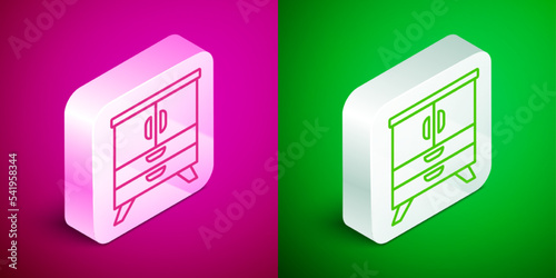 Isometric line Chest of drawers icon isolated on pink and green background. Silver square button. Vector