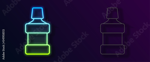 Glowing neon line Mouthwash plastic bottle icon isolated on black background. Liquid for rinsing mouth. Oralcare equipment. Vector