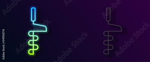 Glowing neon line Hand ice drill for winter fishing icon isolated on black background. Vector
