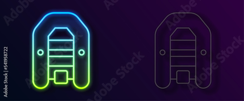 Glowing neon line Inflatable boat with outboard motor icon isolated on black background. Vector