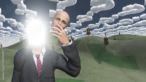 Man removes face showing lightn in landscape with question shaped clouds photo