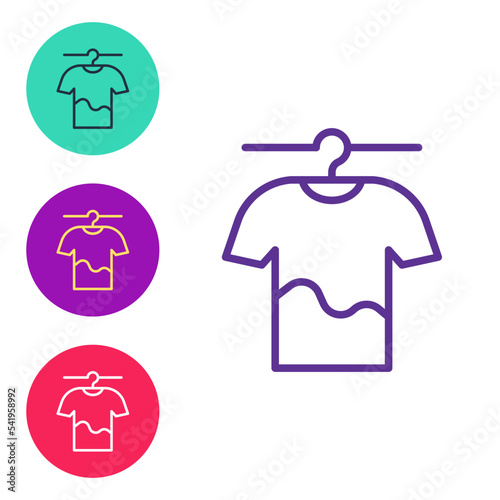 Set line Drying clothes icon isolated on white background. Clean shirt. Wash clothes on a rope with clothespins. Clothing care and tidiness. Set icons colorful. Vector