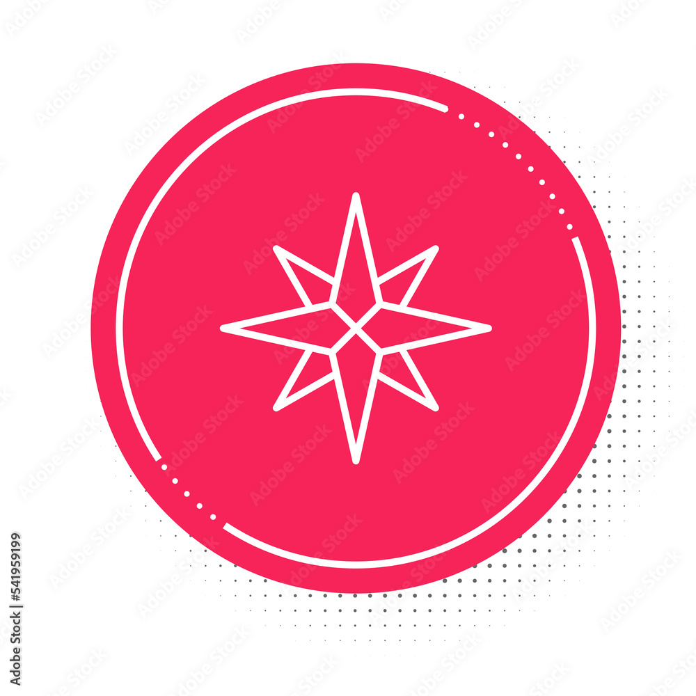 White line Wind rose icon isolated on white background. Compass icon for travel. Navigation design. Red circle button. Vector White line Wind rose icon isolated on white background. Compass icon for travel. Navigation design. Red circle button. Vector