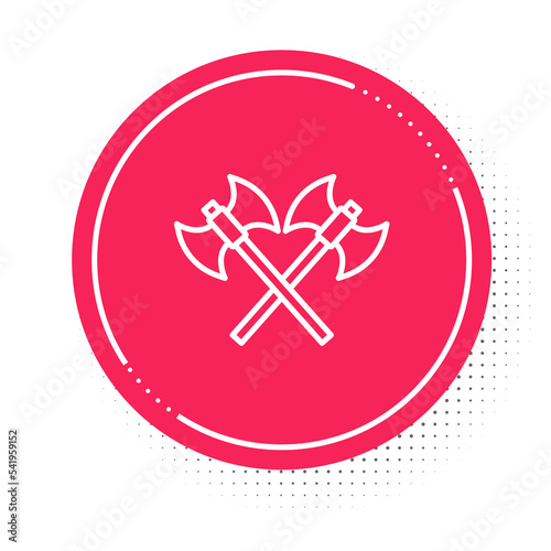 White line Crossed medieval axes icon isolated on white background. Battle axe, executioner axe. Medieval weapon. Red circle button. Vector
