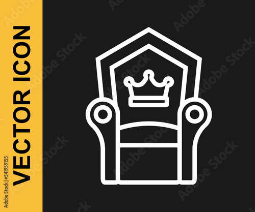 White line Medieval throne icon isolated on black background. Vector