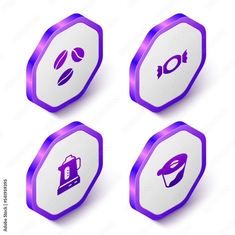 Set Isometric Coffee beans, Candy, Electric kettle and Pour over coffee maker icon. Purple hexagon button. Vector Set Isometric Coffee beans, Candy, Electric kettle and Pour over coffee maker icon. Purple hexagon button. Vector