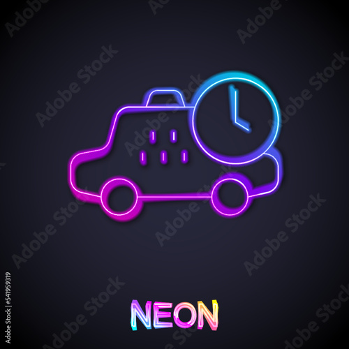 Glowing neon line Taxi waiting time icon isolated on black background. Car deadline, schedule ride. Vector