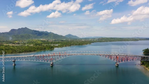 San Juanico Bridge connecting two islands in the Philippines. Road bridge between the islands, top view. Summer and travel vacation concept. photo
