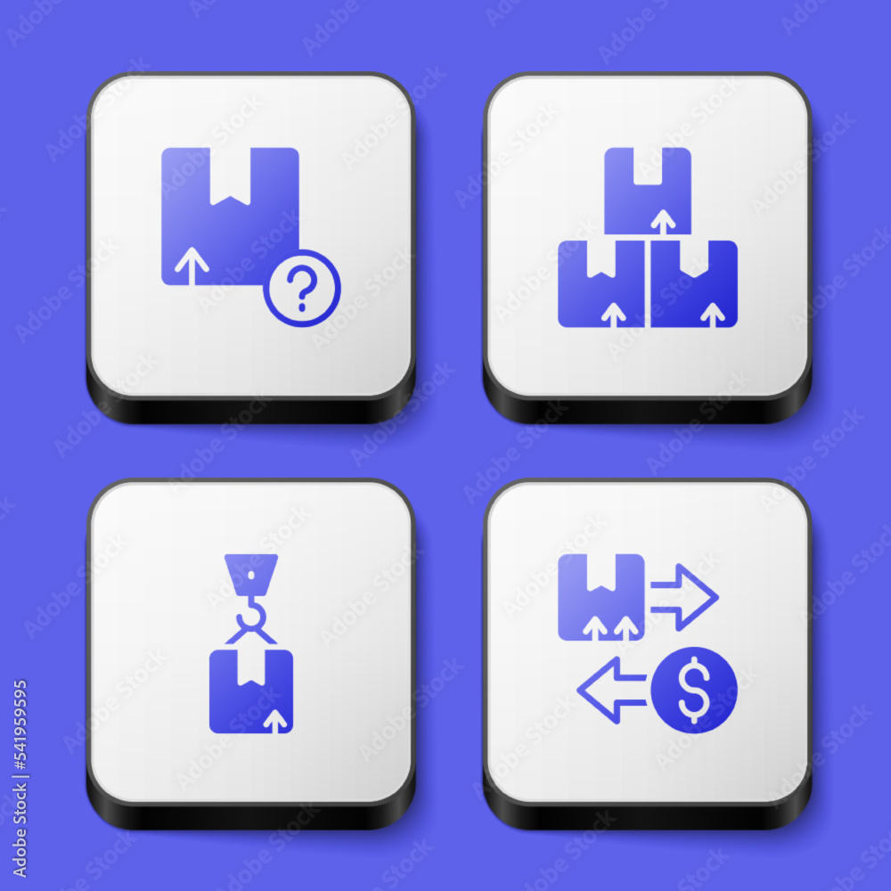 Set Carton cardboard box, Crane with and Tax icon. White square button. Vector Set Carton cardboard box, Crane with and Tax icon. White square button. Vector