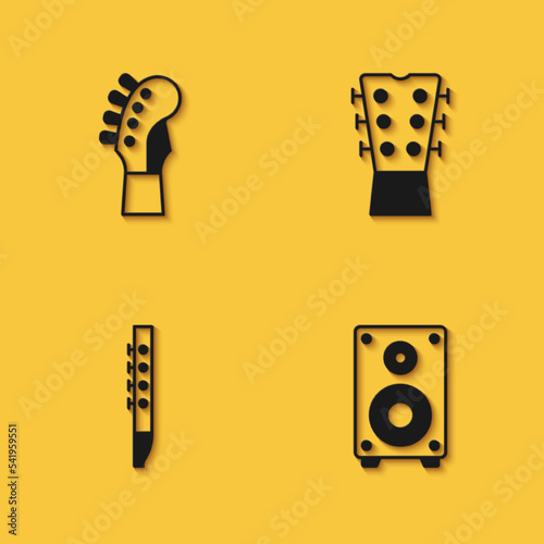 Set Guitar neck, Stereo speaker, Flute and icon with long shadow. Vector