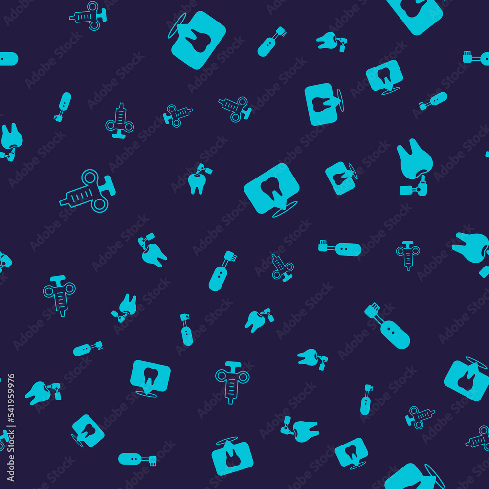Set Syringe, Tooth with caries and drill, Dental clinic location and Electric toothbrush on seamless pattern. Vector Set Syringe, Tooth with caries and drill, Dental clinic location and Electric toothbrush on seamless pattern. Vector